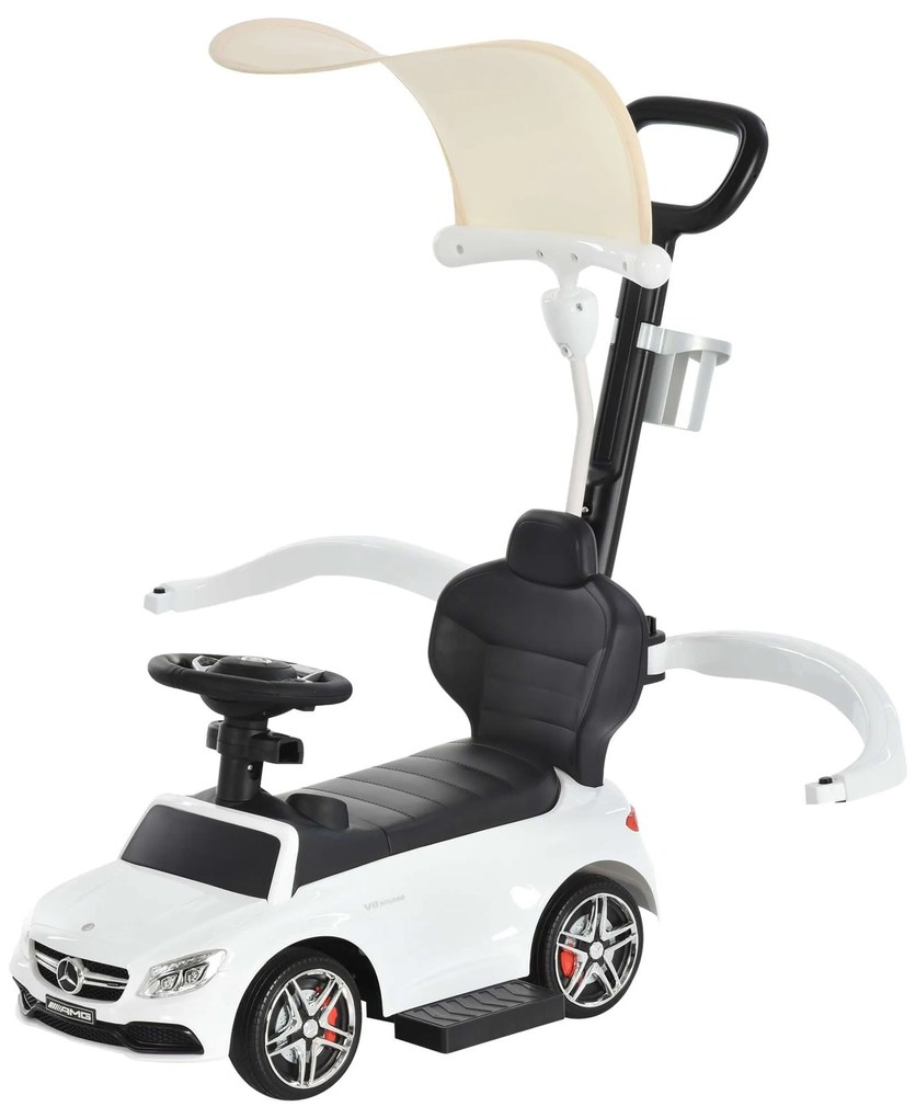 HOMCOM Carro andador para crianças acima de 1 ano Desenho 3 em 1 com buzina e capuz e suporte para copos 84x40x83 cor branco