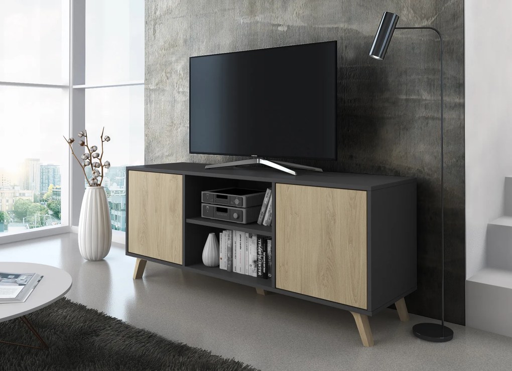 Móvel de TV 140 com 2 portas, sala de estar, modelo WIND, estrutura cor Antracite Grey, cor da porta Puccini, mede 140x40x57cm de altura.