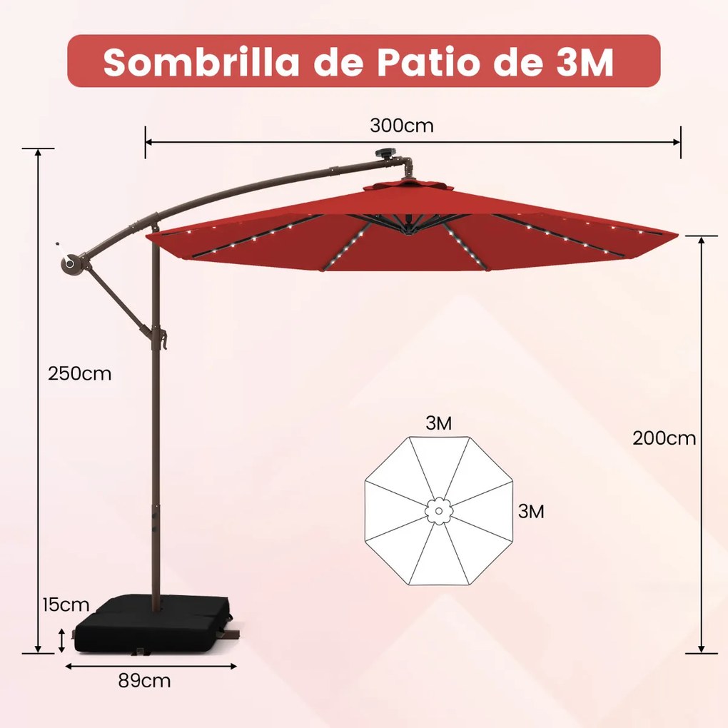 Guarda-sol de 3m com pega 32 luzes LED Painel solar com base de saco de areia pátio jardim piscina Cor Vinho