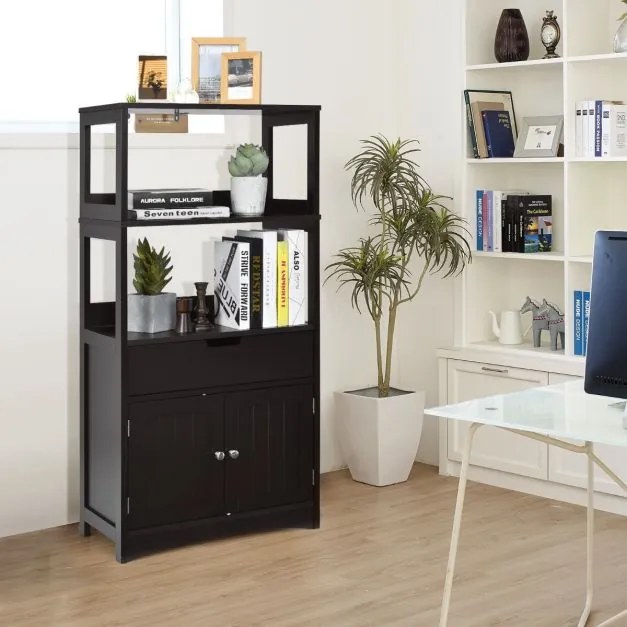 Estante de casa de banho com 3 prateleiras 1 gaveta 1 armário de arrumação Toalha Champô Gel Organizador de cozinha 60 x 32,5 x 122 cm Preto