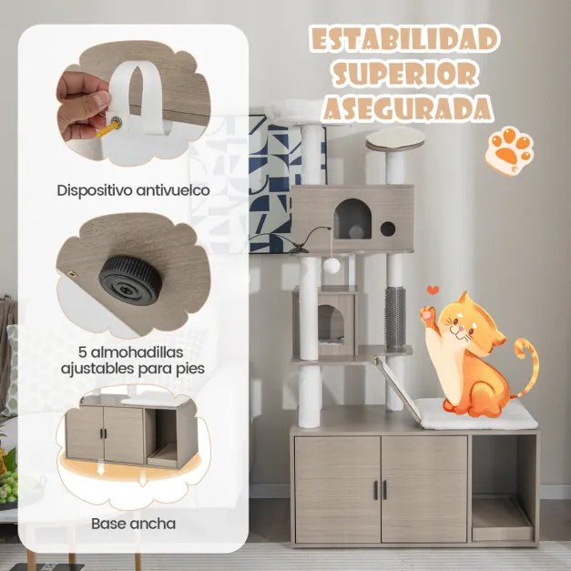 Arranhador para gatos 2 em 1 com Caixa de Areia Armarios para gatos Torre de arranhar Postes de sisal Rampa suspensa cinzenta