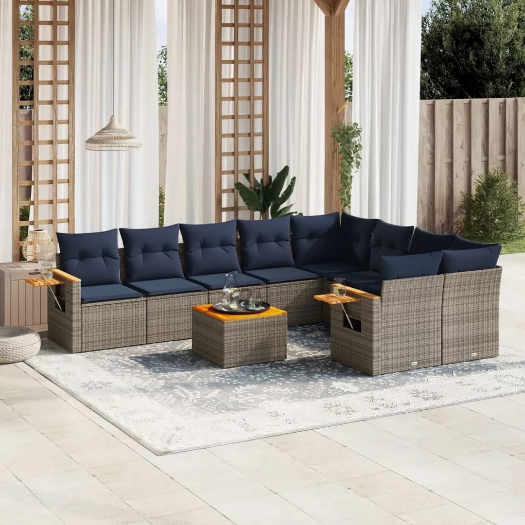 10 pcs conjunto sofás p/ jardim c/ almofadões vime PE cinzento