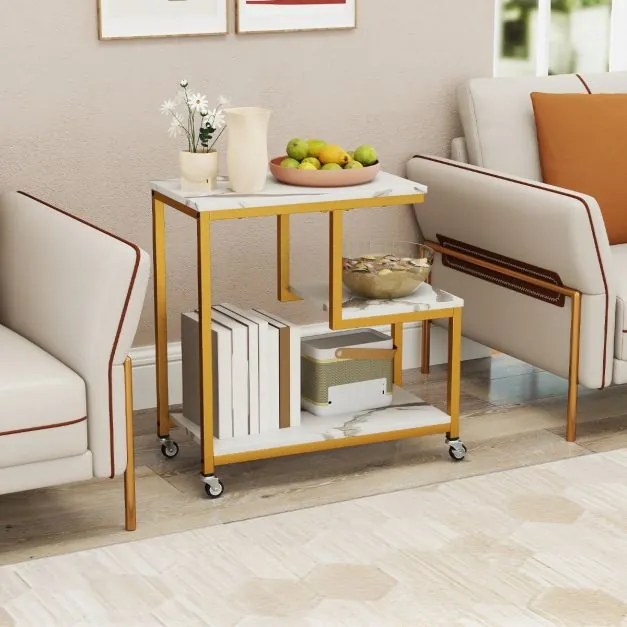 Mesa lateral sala, quarto de 3 níveis com prateleiras abertas e rodas bloqueáveis para sala de estar 59 x 30 x 61 cm Branco e Dourada
