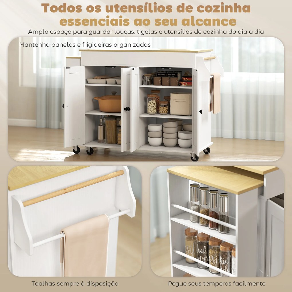 Carrinho,, Ilha de Cozinha com Rodas Tampo Extensível Carrinho de Cozinha com 4 Portas Prateleiras Ajustáveis Estante Lateral Aberta Branco