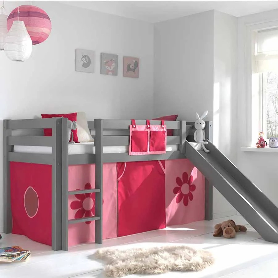 Conjunto Cama alta de Criança PINO 90 x 200 cm + estrado + escada + escorrega + cortina Flores Cinzenta