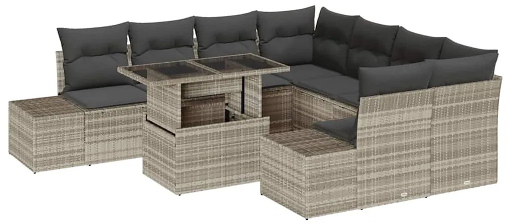 Conjunto de Sofás de Jardim com 9 Peças e Almofadas Cinza Claro em Rat