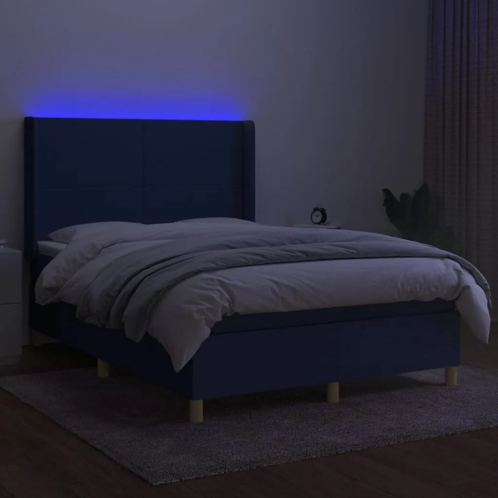 Cama box spring c/ colchão e LED 140x190 cm tecido azul