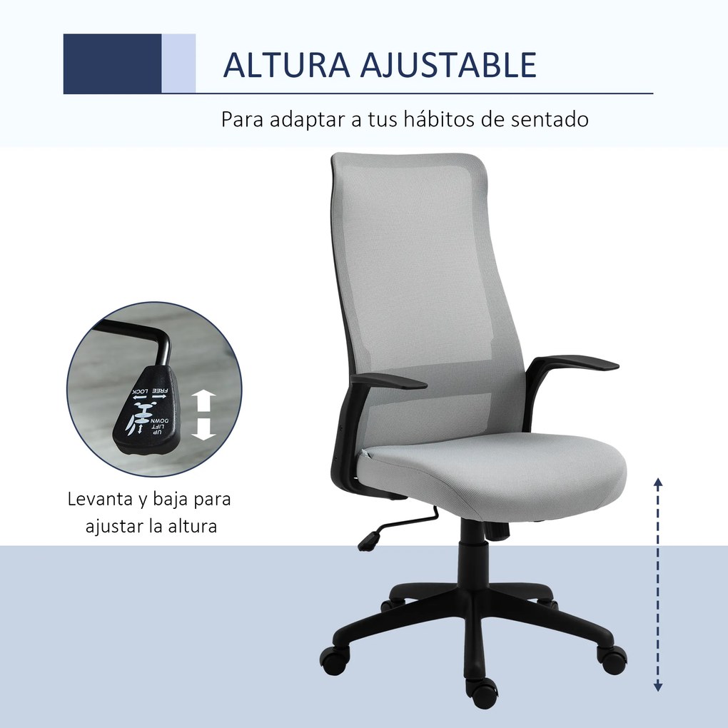 Vinsetto Cadeira de Escritório Ergonômica Cadeira de Escritório Giratória com Altura Ajustável Apoio para os Braços e Suporte Lombar Alto Transpirável 62x62x113-122cm Cinza