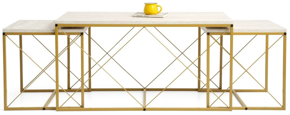 Conjunto de Mesas de Centro Defne – Travertino Dourado – Medidas: 100x