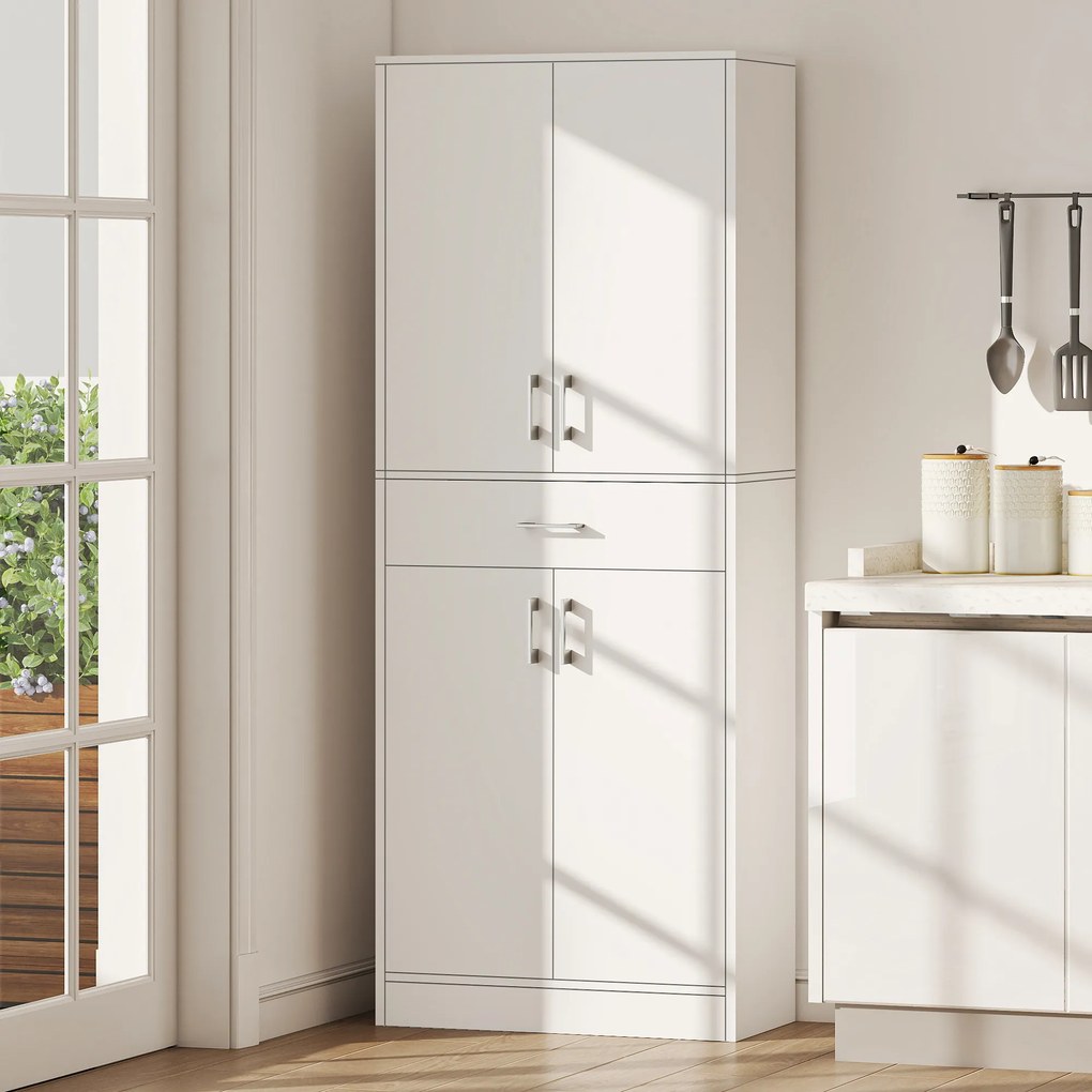 Armário de cozinha alto com 4 portas, 2 compartimentos e 1 gaveta central, altura de 180 cm, com 2 prateleiras ajustáveis, branco