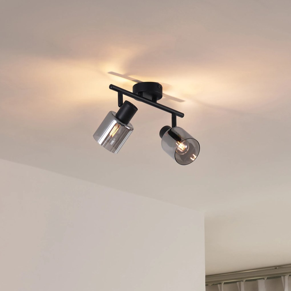Candeeiro de Teto Moderno Preto com Vidro Fumê Redondo 2 Focos - Cilin