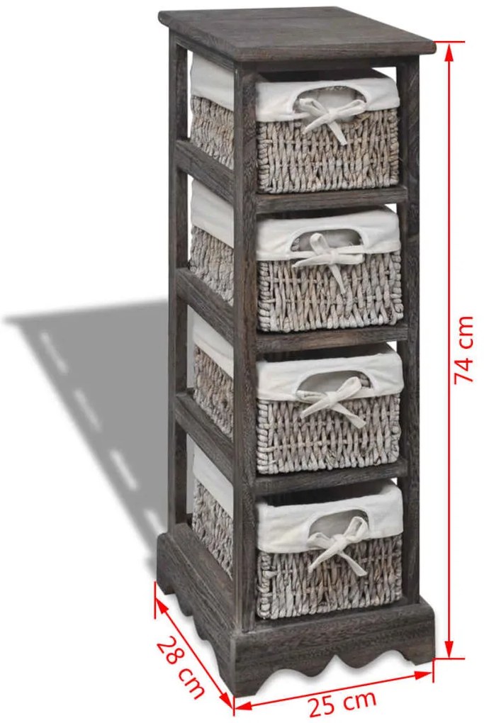 Estante de armazenamento de madeira com 4 cestos, castanho