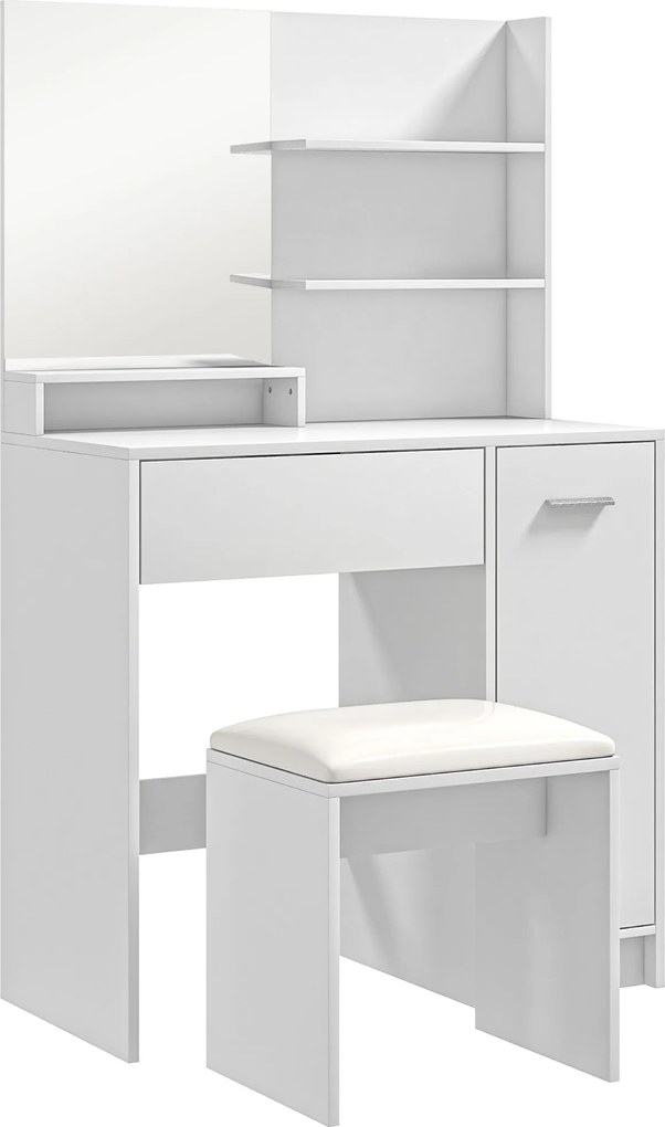 HOMCOM Toucador Maquilhagem Banco Mesa Espelho Prateleiras Gaveta 80x40x132 cm Estilo Moderno Branco e Bege | Aosom Portugal