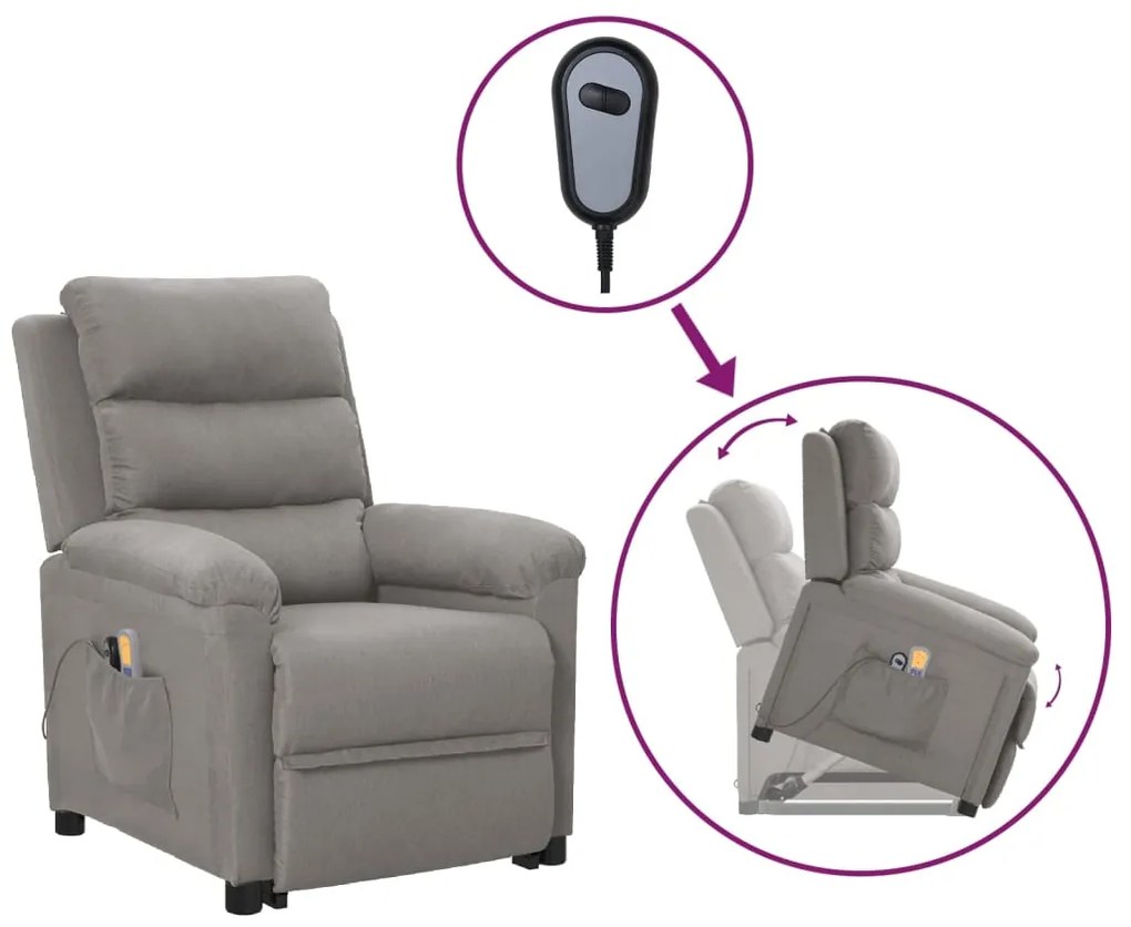 vidaXL Poltrona elevatória de massagens tecido cinzento-claro