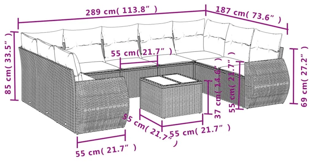 10 pcs conjunto de sofás p/ jardim com almofadões vime PE bege