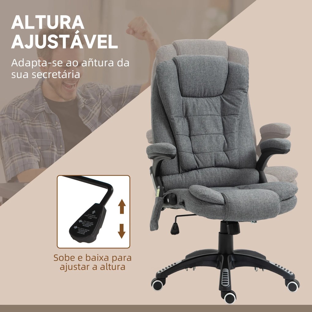 Cadeira de Escritório com 6 Pontos de Massagem Reclinável até 130° com Função de Aquecimento 68x72x110-120 cm Cinza