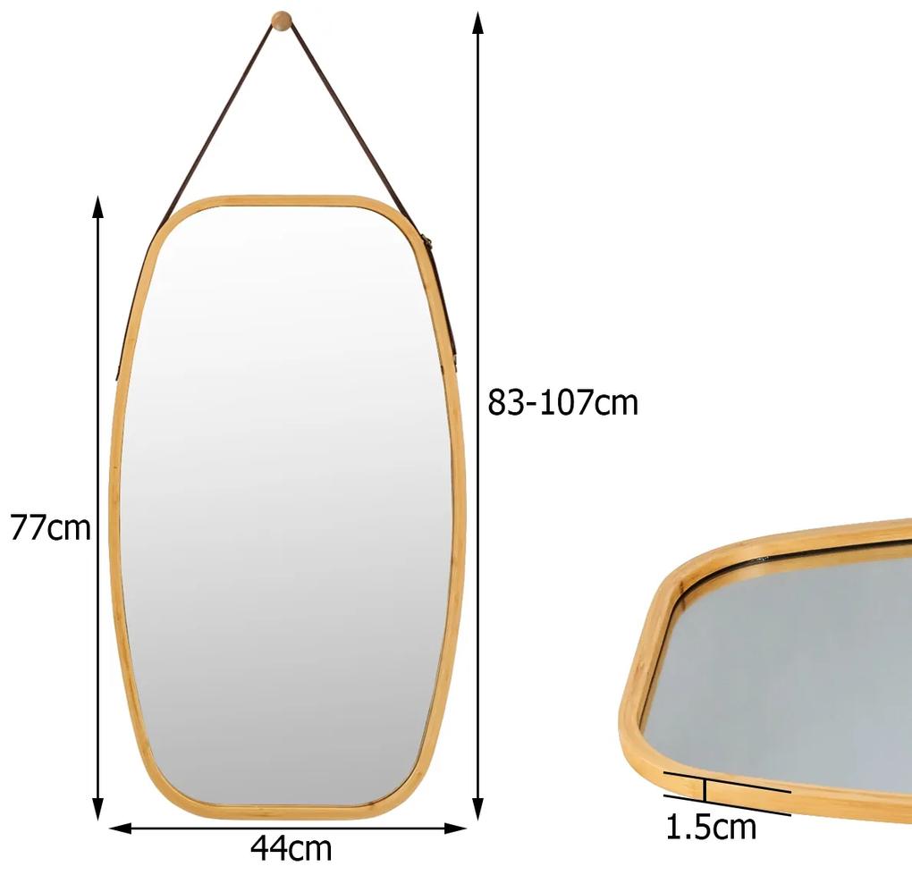 Espelho de canto rectangular arredondado com moldura de bambu e moldura de couro ajustável para o hall de entrada 77 x 44 x 1,5 cm