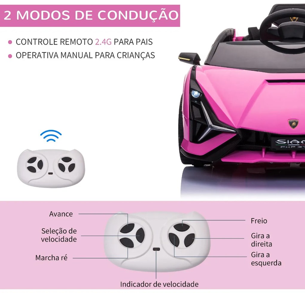 Carro Elétrico Lamborghini SIAN 12V para Crianças acima de 3 Anos com Controle Remoto Abertura da Porta Música MP3 USB e Faróis 108x62x40cm Rosa