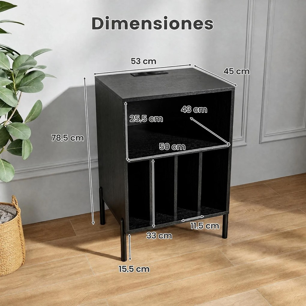 Móvel para Gira-Discos, 53 x 45 x 78,5 cm, Armazenamento de Discos e Carregamento USB e Tipo C, Preto