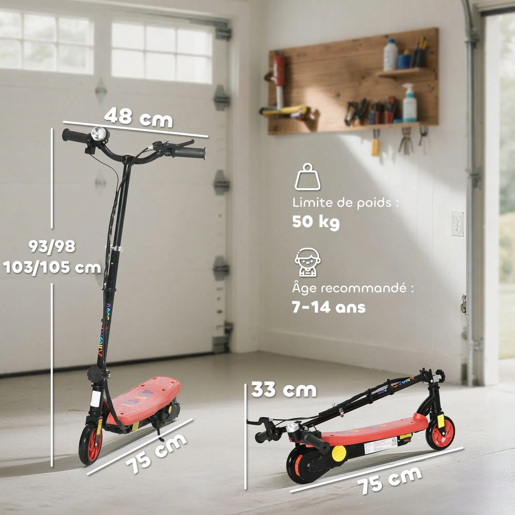 Trotinete elétrico dobrável de 120 W para crianças dos 7 aos 14 anos, velocidade máxima de 12 km/h, autonomia máxima de 10 km, cor vermelha