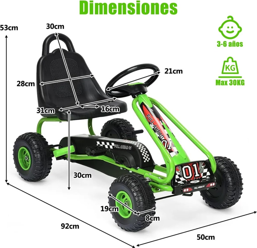 Kart infantil a pedais com 4 rodas, assento ajustável, travão de mão e rodas antiderrapantes para uso exterior, meninos e meninas, verde