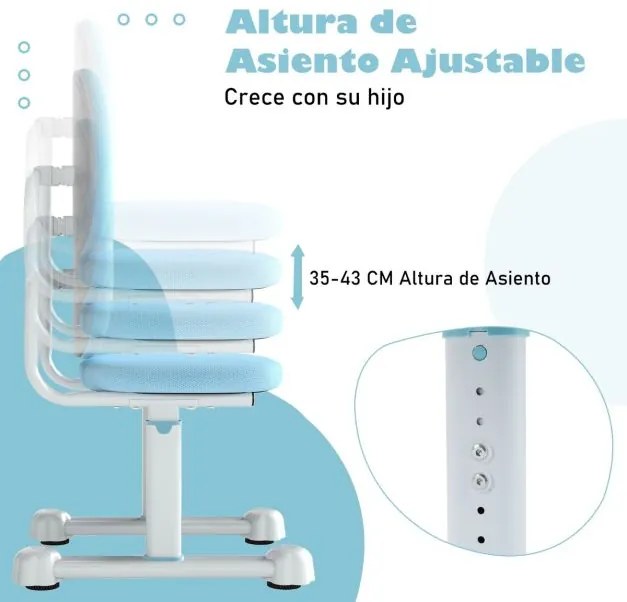 Cadeira de escritório para crianças com apoio duplo para as costas e altura ajustável estofada Azul
