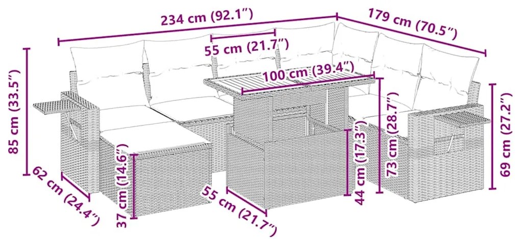 8 pcs conjunto de sofás p/ jardim com almofadões vime PE bege