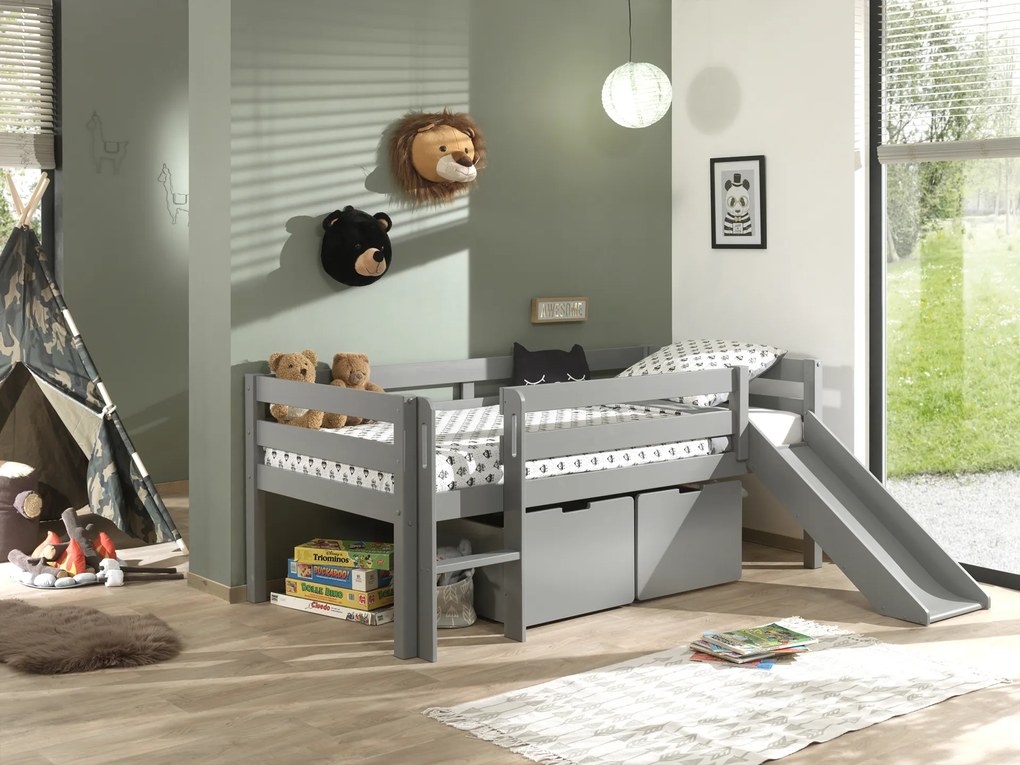 Conjunto Cama alta de Criança PINO 90 x 200 cm + estrado + escada + escorrega + conjunto de 2 gavetas Cinzenta