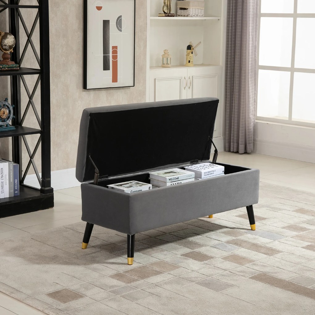 HOMCOM Banco de Armazenamento com Tampa Puff Estofado em Veludo com Assento Acolchoado e Pés de Madeira para Dormitório Entrada 110x43x45cm Cinza