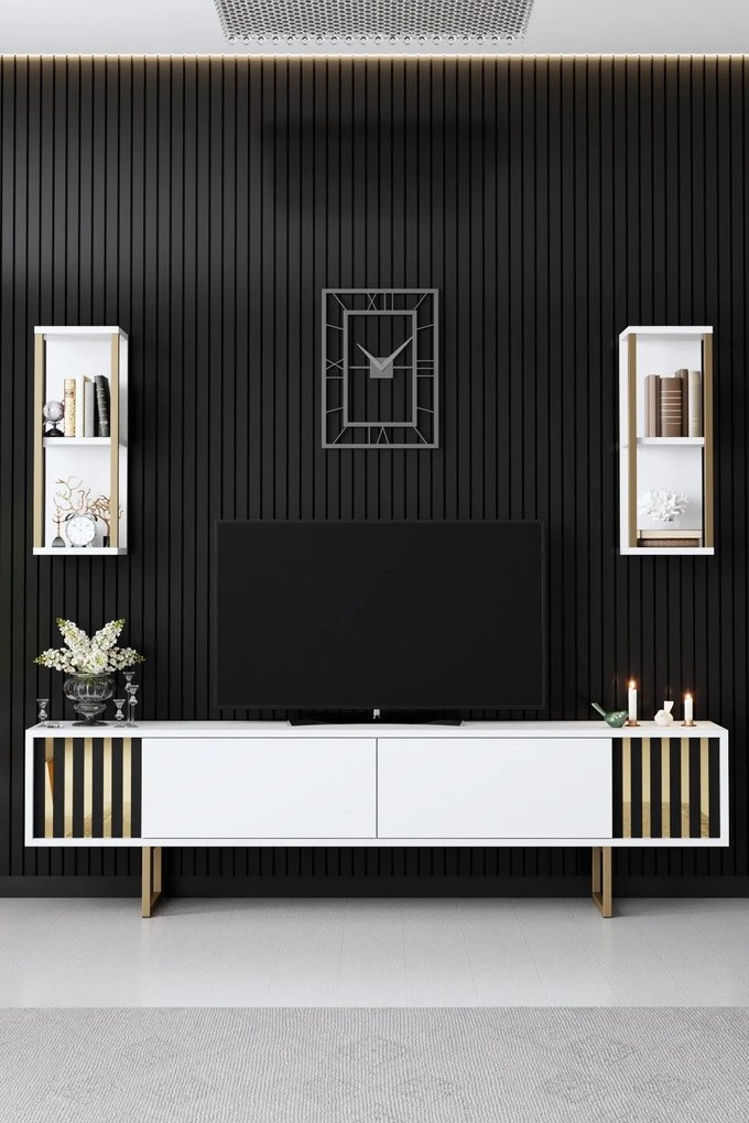 Conjunto de Mobiliário de Sala de Estar Gold Line – Branco e Dourado –