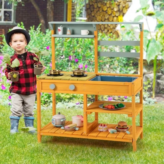 Cozinha de brincar em madeira com puxadores de fogão e lava-loiça exterior para crianças com mais de 3 anos Amarela