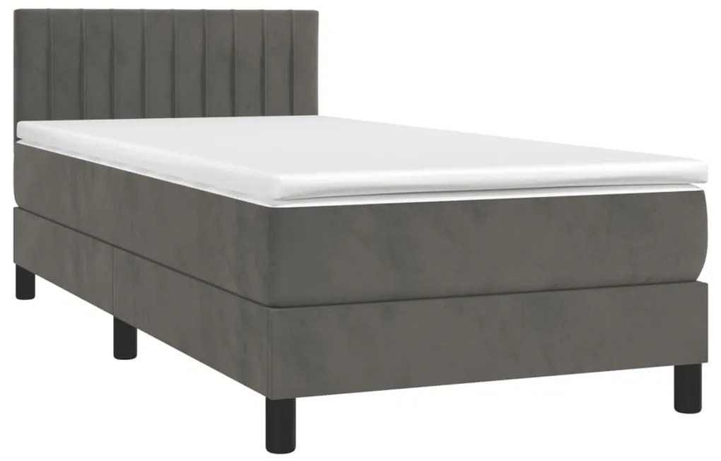 Cama box spring c/ colchão/LED 100x200cm veludo cinzento-escuro