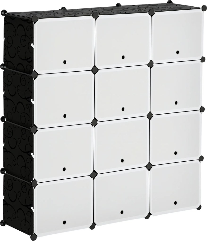 HOMCOM Armário Modular de Plástico Armário com 12 Cubos Organizadores de Sapatos Roupas Brinquedos 125x32x125cm Branco e Preto | Aosom Portugal