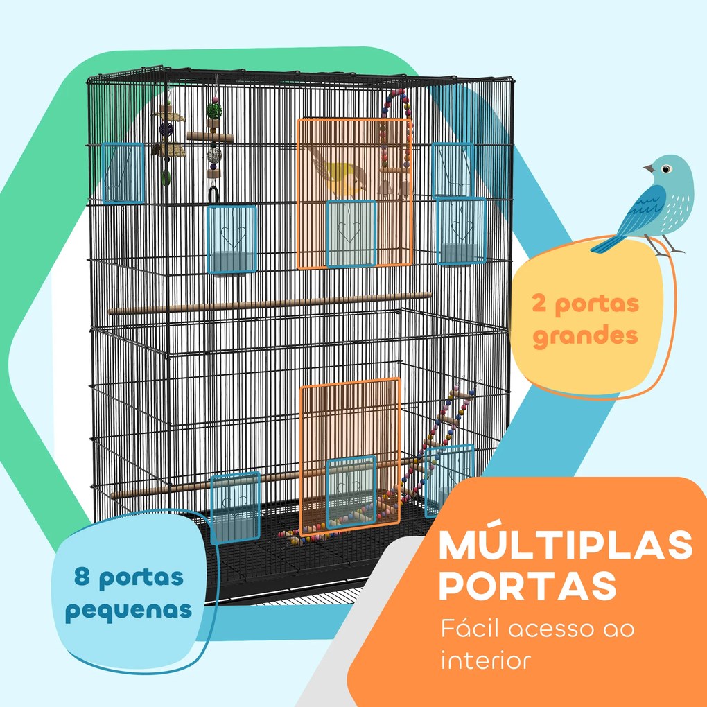 Gaiola para Pássaros com Rodas Comedouros Poleiros Prateleira Inferior Bandeja Removível 97x58x160 cm Preto