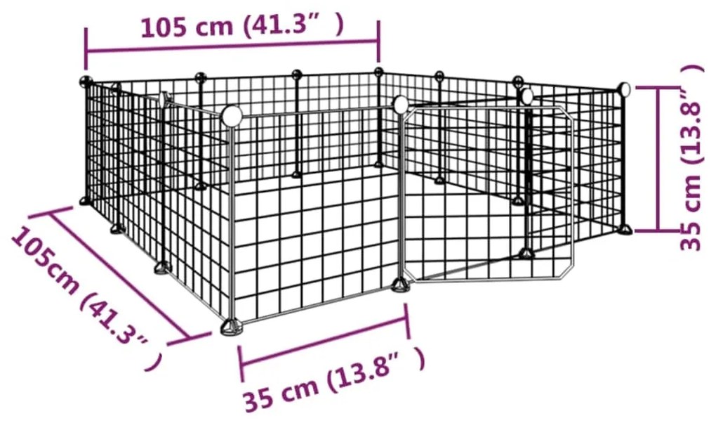 Gaiola p/ animais de 12 painéis c/porta 35x35 cm aço preto