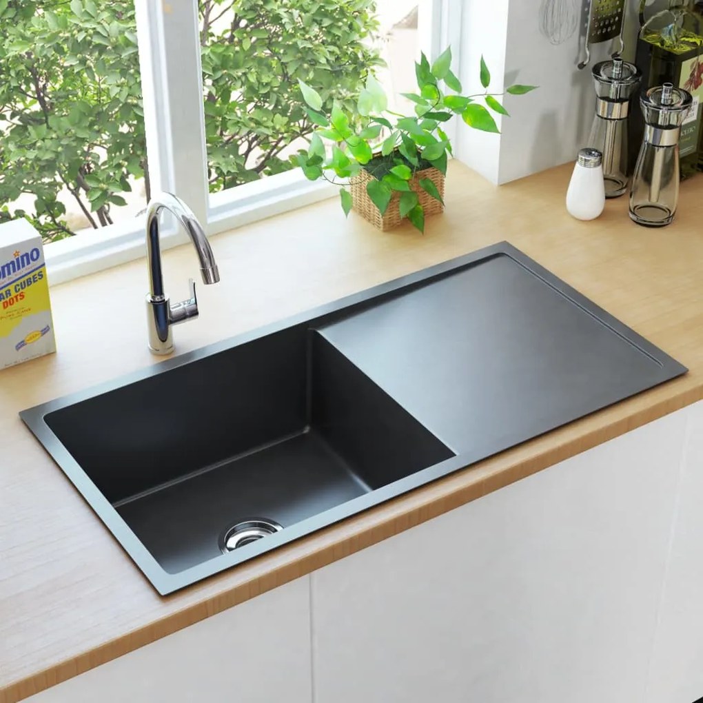 145086 vidaXL Lava-louça de cozinha artesanal aço inoxidável preto