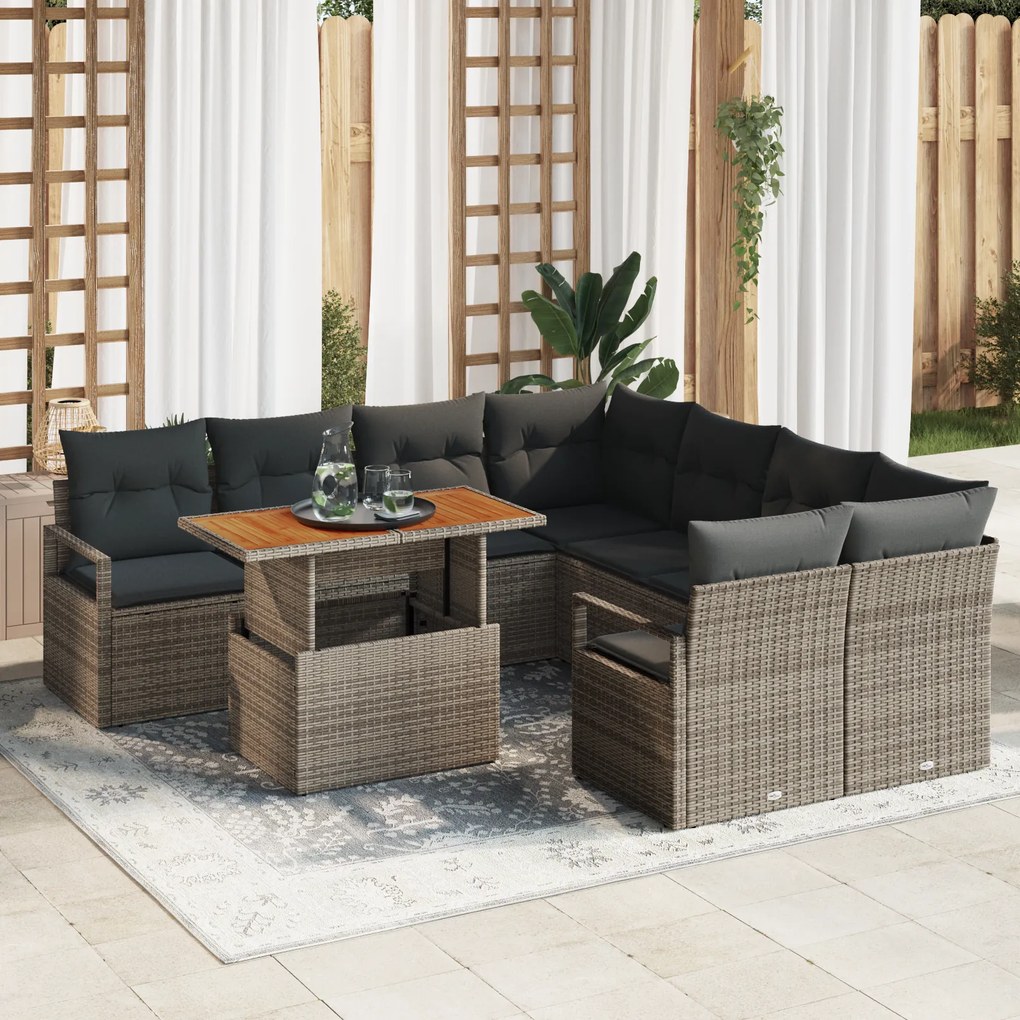 Conjunto de Sofás de Jardim vidaXL de 9 Peças com Almofadas Cinza de P
