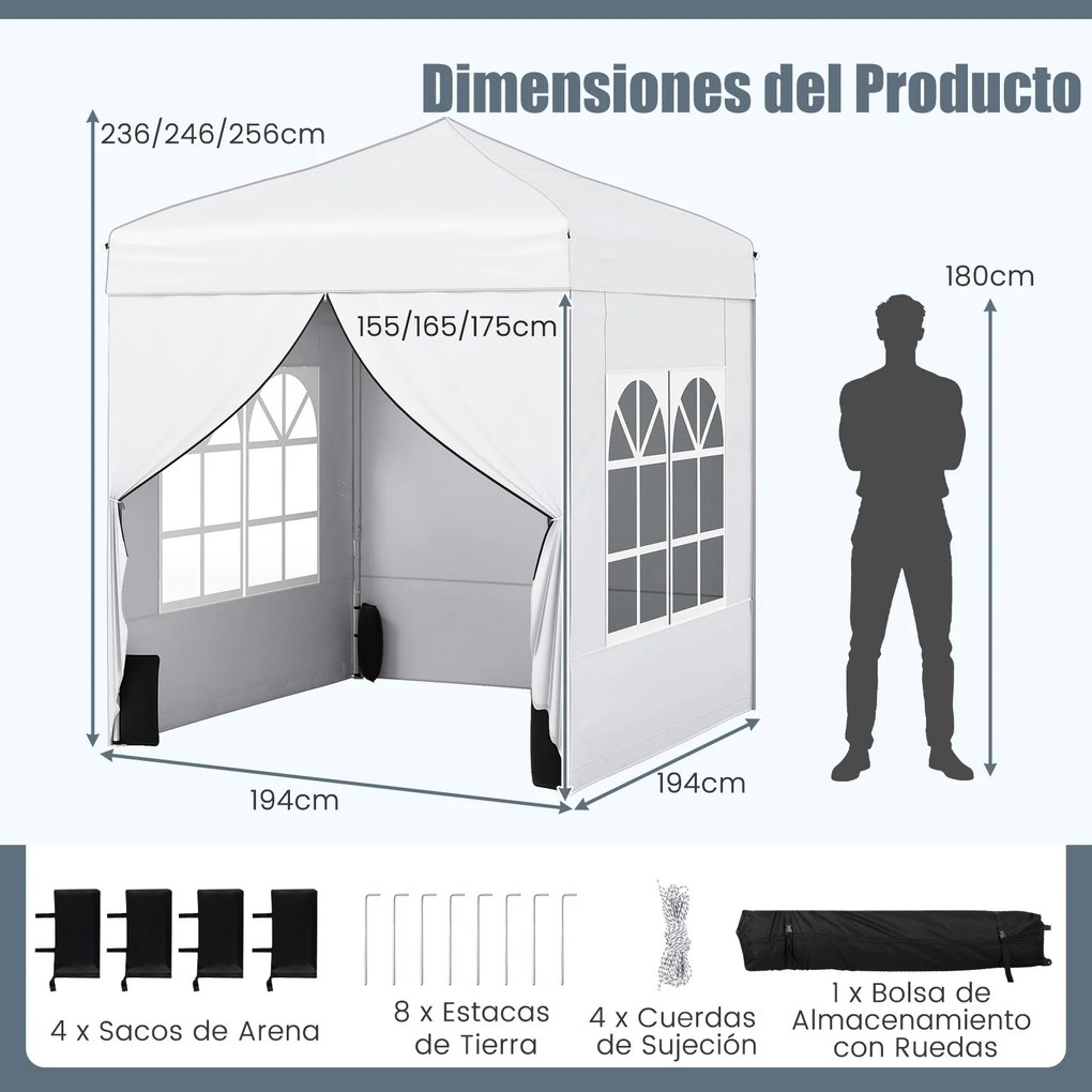Tenda dobrável 194 x 194 cm, com 4 paredes laterais, 3 alturas ajustáveis, e 4 sacos de areia, 8 estacas, branca