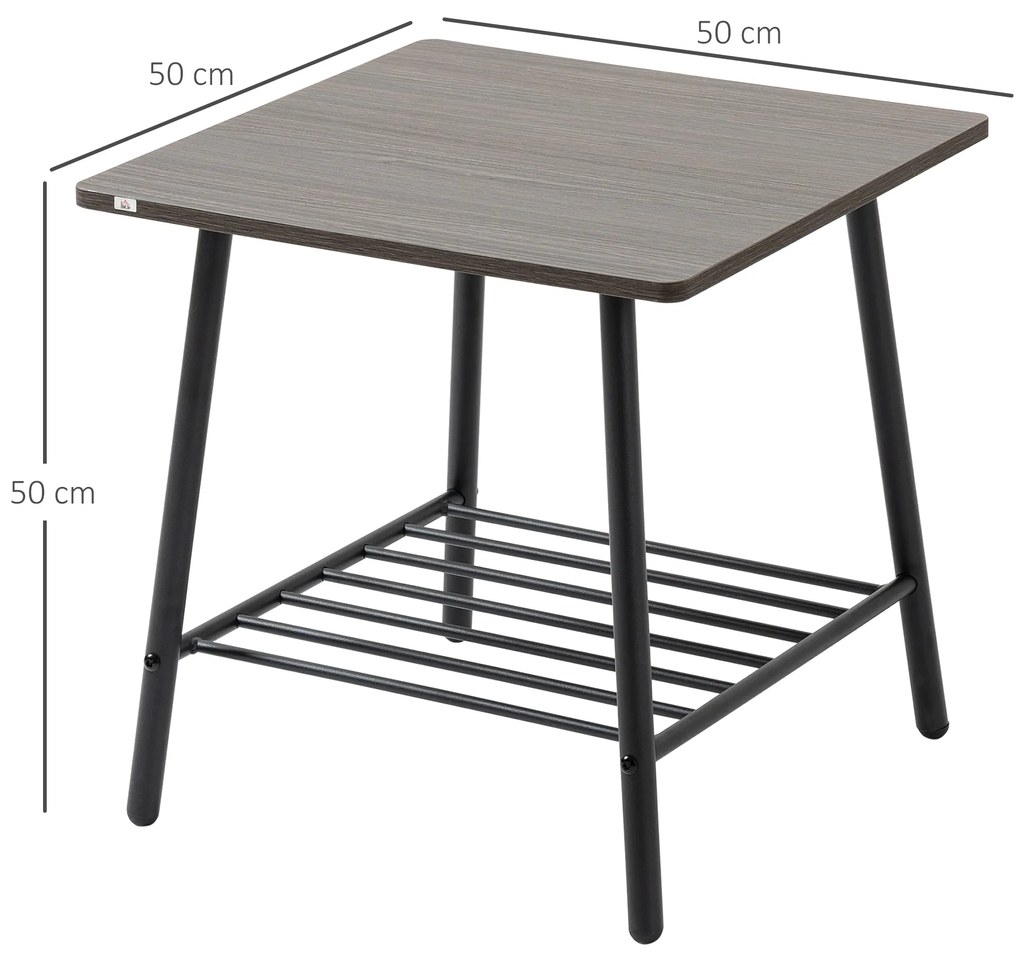 Mesa Auxiliar com 2 Prateleiras de Armazenamento Mesa Lateral para Sala de Estar Dormitório Estúdio Escritório Estilo Industrial 50x50x50cm Marrom