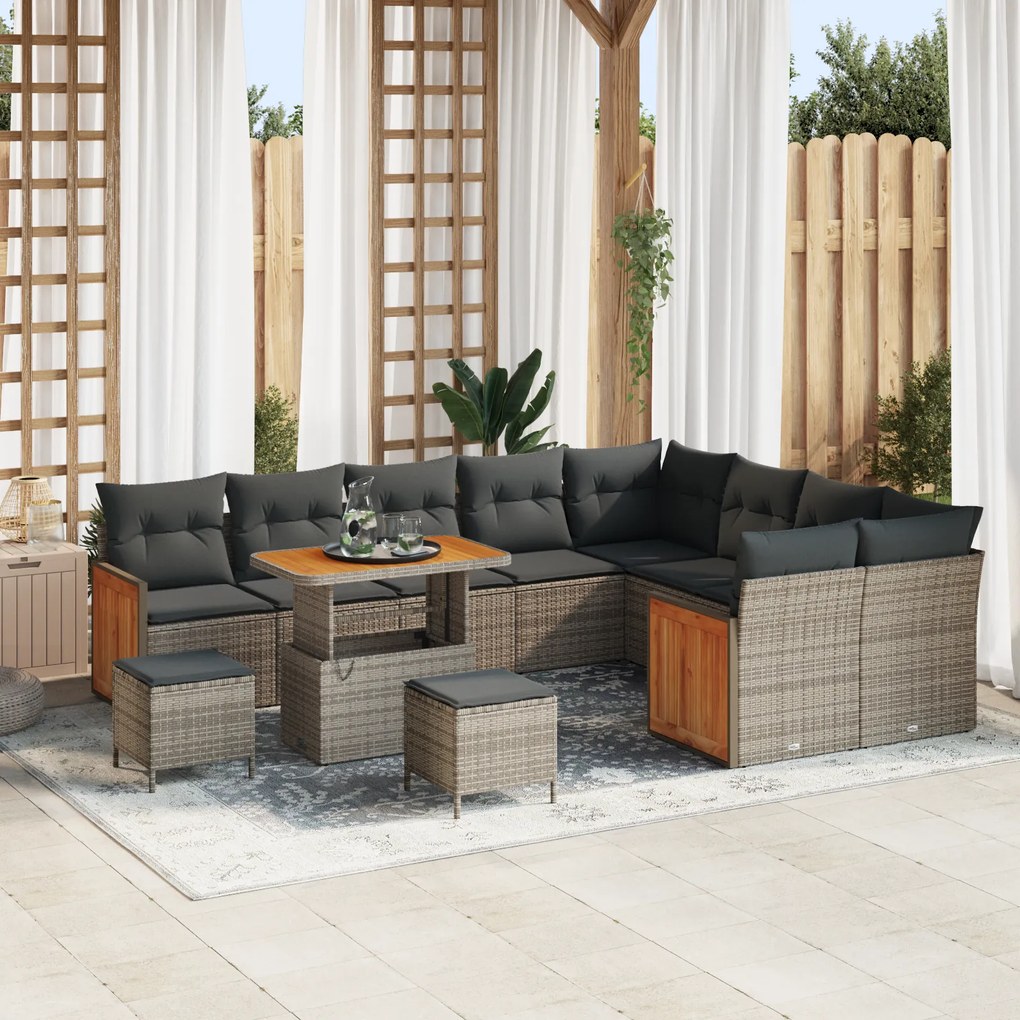 Conjunto de Sofá de Jardim com Almofadas vidaXL de 12 Peças Cinza Rattan Poliéster Acácia