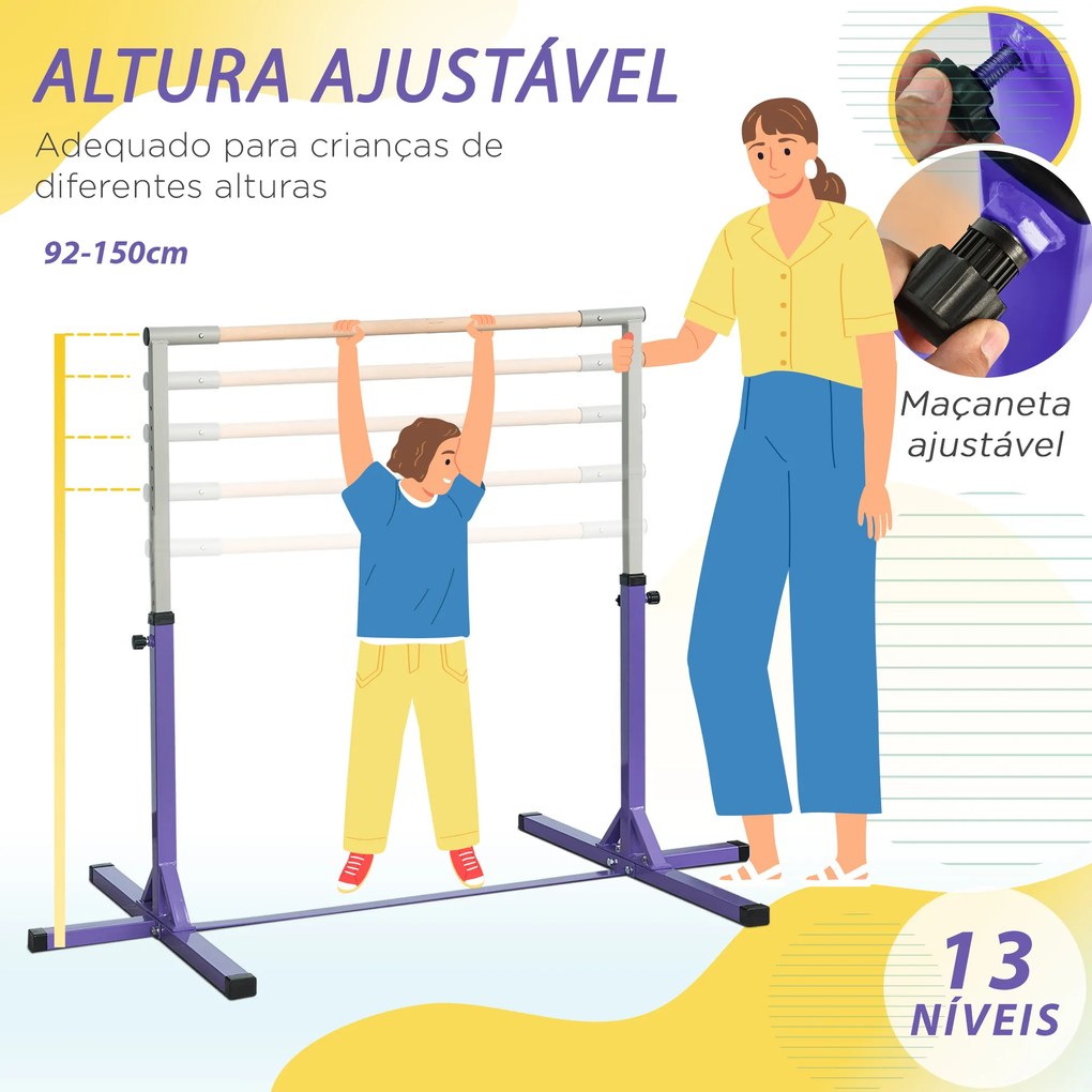 Barra de Ginástica para Crianças com Altura Ajustável 92-150 cm Barra Horizontal de Ginástica 194x121x150 cm Roxo