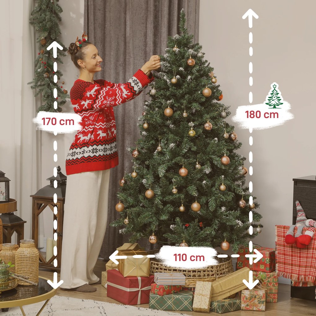 Árvore de Natal 180 cm com Luzes LED 9 Modos de Iluminação 802 Ramos e Neve Artificial Verde