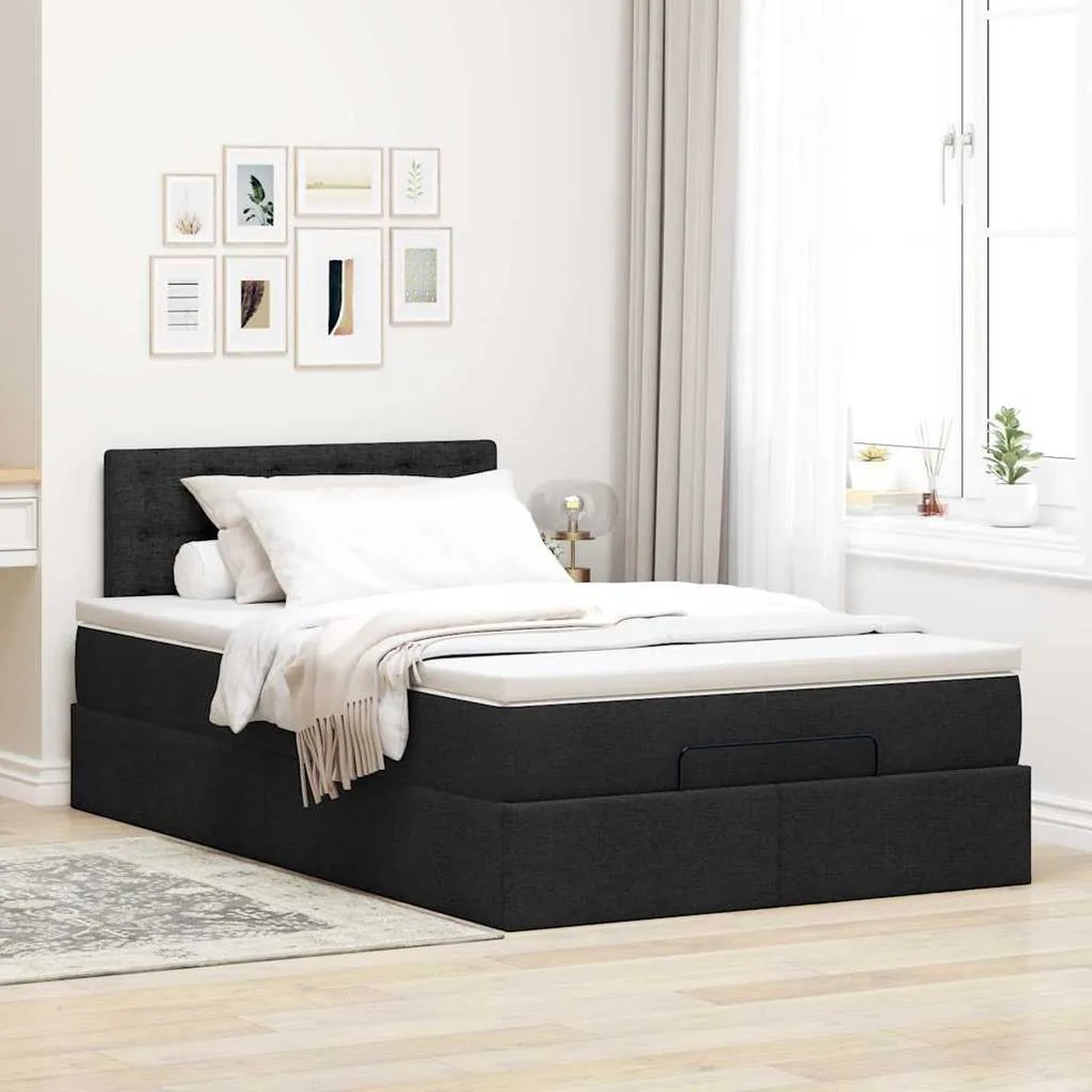 Cama otomana com colchão & LEDs 120x190 cm tecido preto
