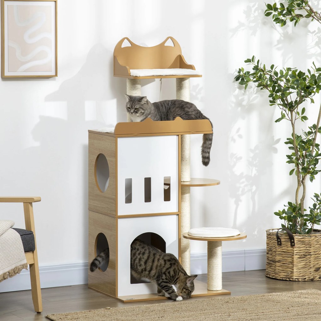 Arranhador para gatos com design contemporâneo 60 x 48 x 133 cm , com arranhadores, plataformas e 5 almofadas de sisal natural, castanho, branco