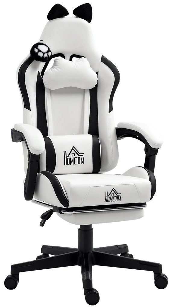 HOMCOM Cadeira Gaming com Orelhas Cadeira Gamer Reclinável com Altura Ajustável e Suporte Lombar 65x62x116-124 cm Branco