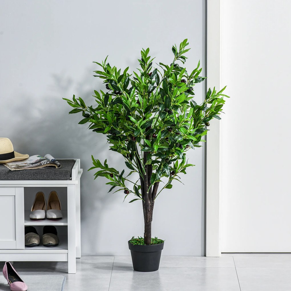 Outsunny Planta Artificial com Altura 120cm Oliveira Artificial com 1080 Azeitonas Folhas Realistas e 108 Frutos Decoração para interior Exterior Sala de Estar Escritório Verde