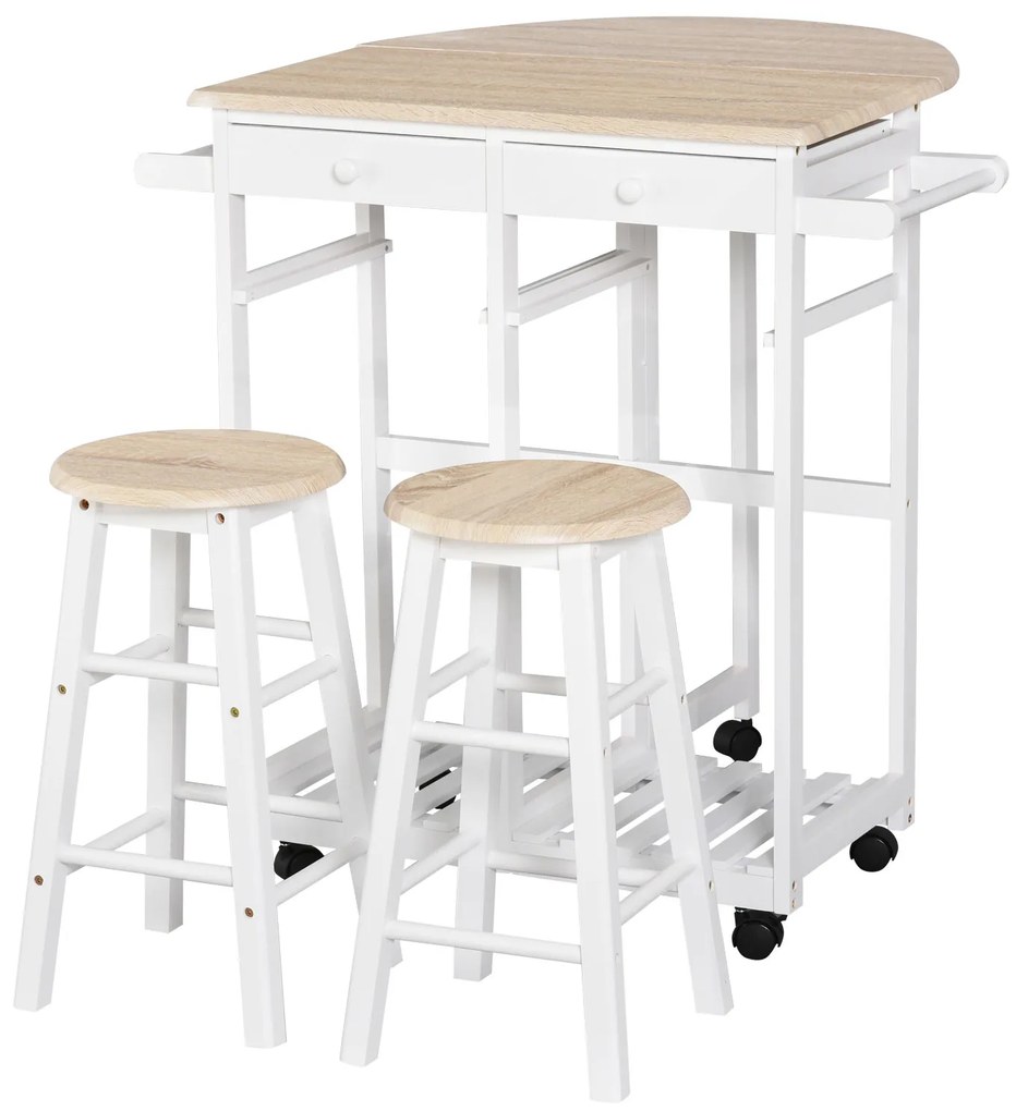 HOMCOM Conjunto Mesa de Bar Dobrável com Rodízios Estante e 2 Gavetas 2 Bancos Pinho MDF Branco Carvalho Claro | Aosom Portugal