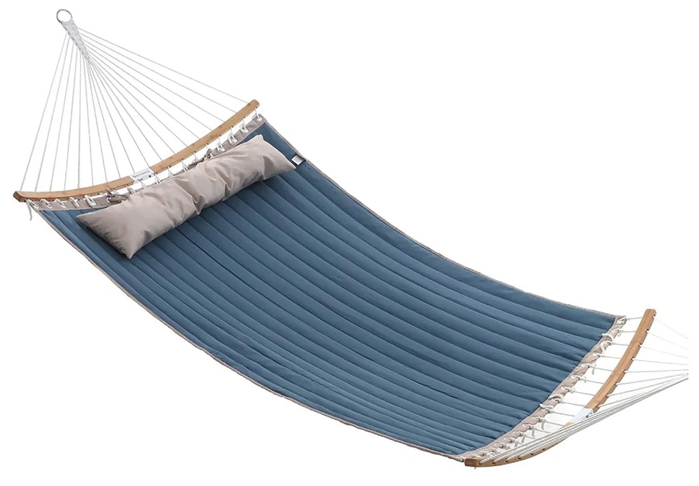 Rede dupla acolchoada SONGMICS, rede acolchoada com barras espalhadoras de bambu curvas removíveis, cama giratória com travesseiro, tecido Oxford, 200 x 140 cm, capacidade de carga 225 kg, azul e bege GDC34QW