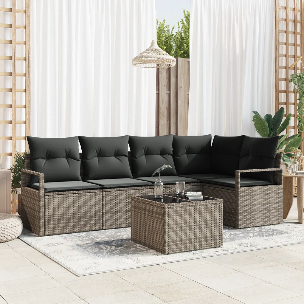 Conjunto de Sofá de Jardim de 5 Peças com Almofadas Preto Rattan Poly,