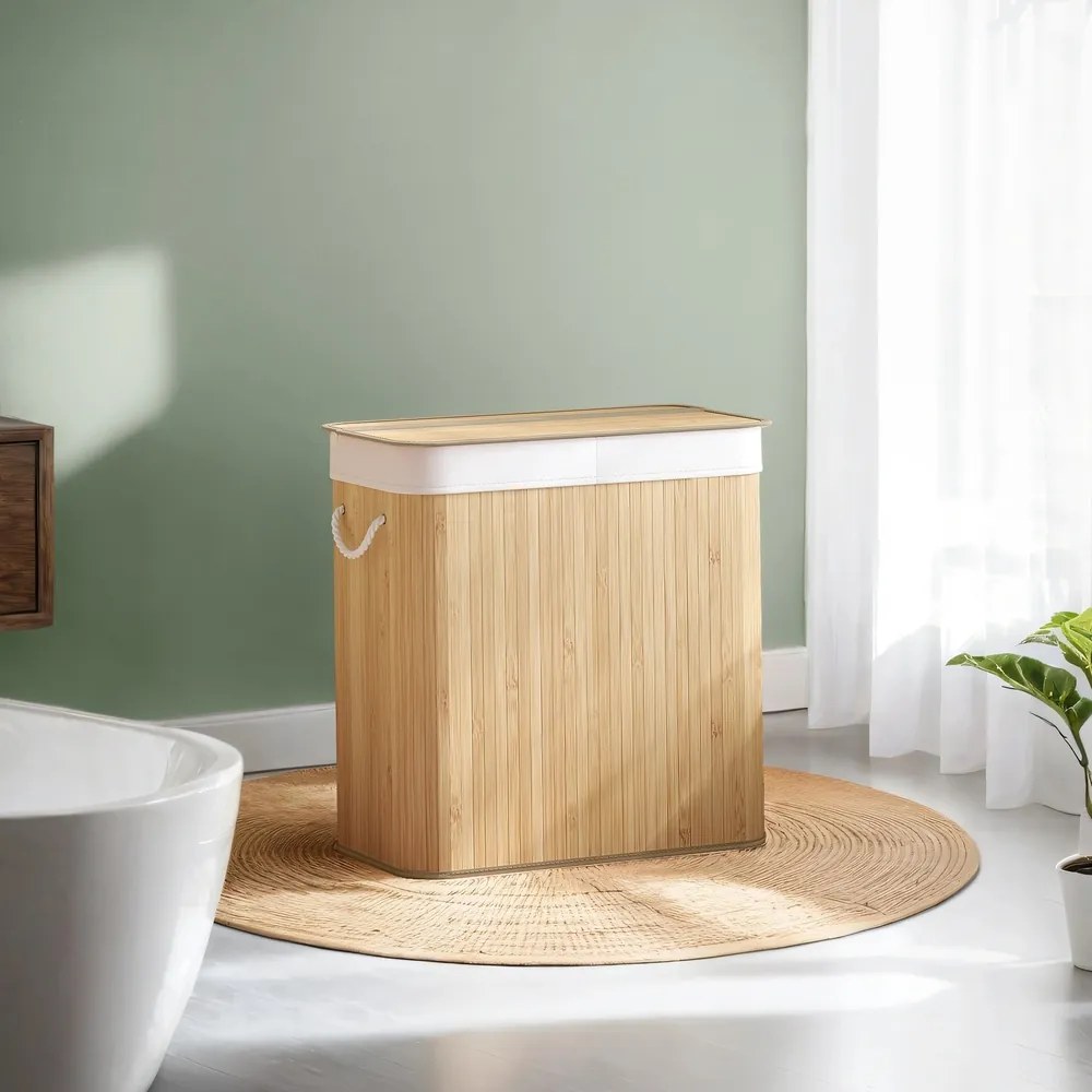 Cesto de roupa suja com 2 compartimentos, 100 L com tampa, em bambu 52 x 32 x 61 cm cor natural